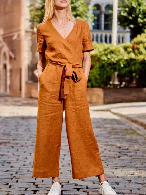 Women's Jumpsuits Loose Solid Pocket Short Sleeve Jumpsuit