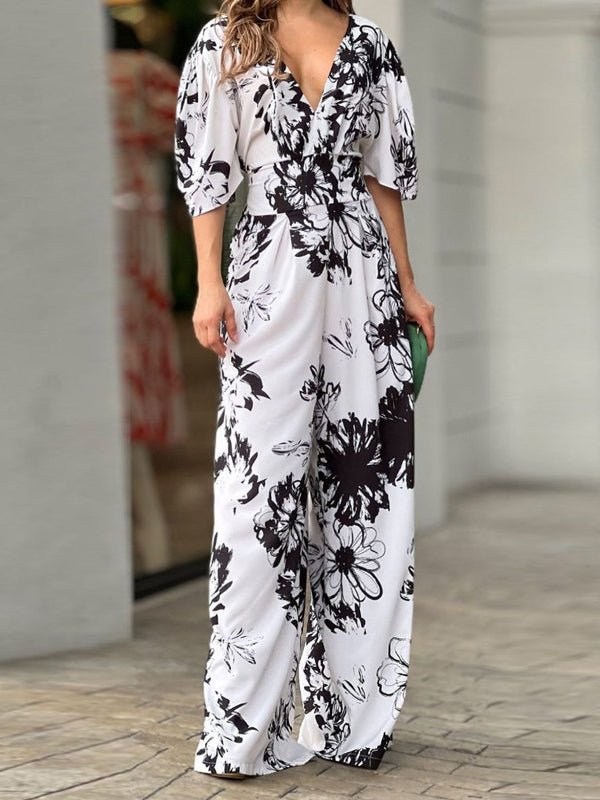 Women's Jumpsuits Temperament Elegant Printing Loose Bat Sleeve High Waist Jumpsuit