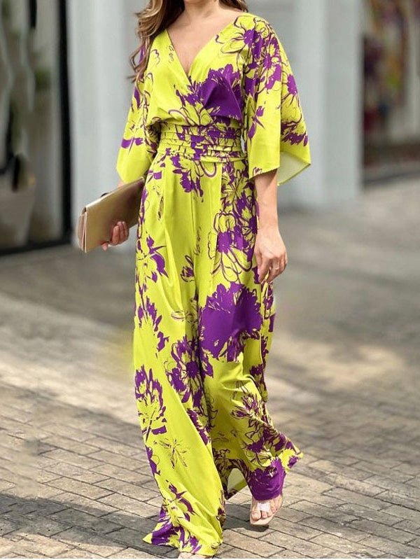 Women's Jumpsuits Temperament Elegant Printing Loose Bat Sleeve High Waist Jumpsuit