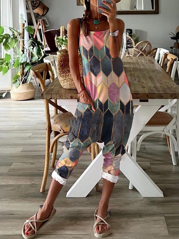 Women's Jumpsuits Multicolor Print Pocket Bib Jumpsuit