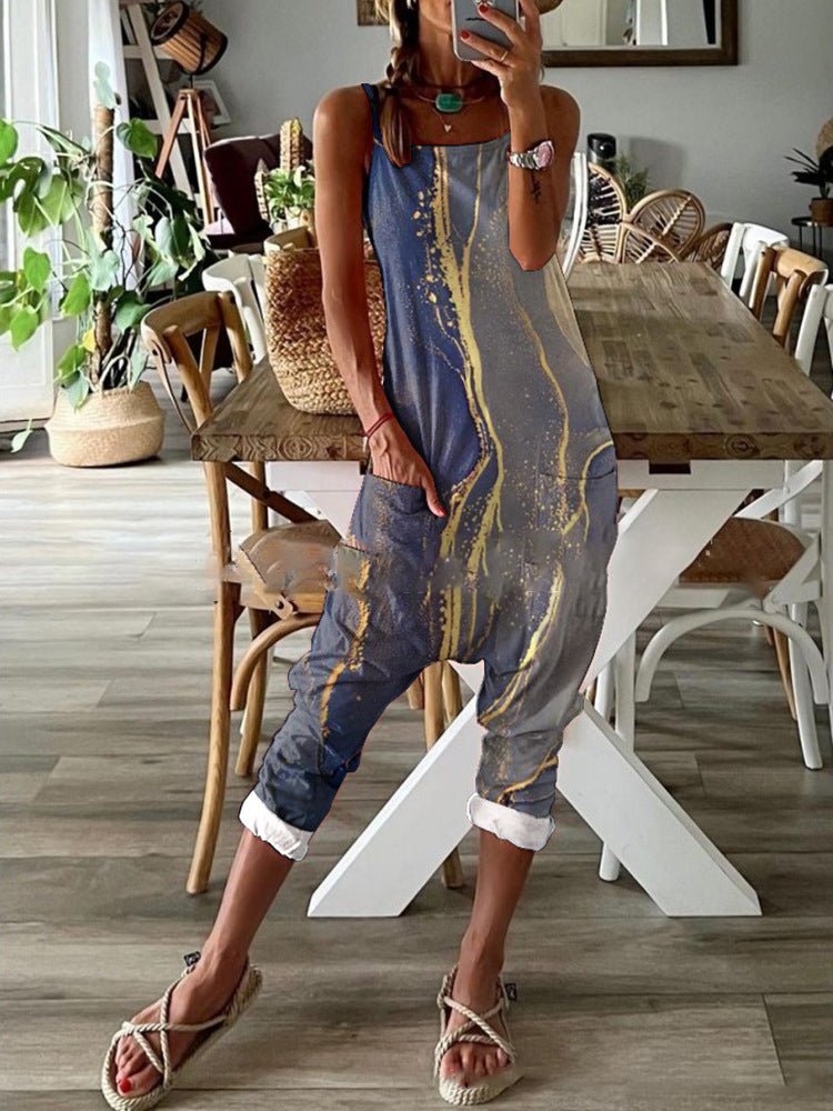 Women's Jumpsuits Multicolor Print Pocket Bib Jumpsuit