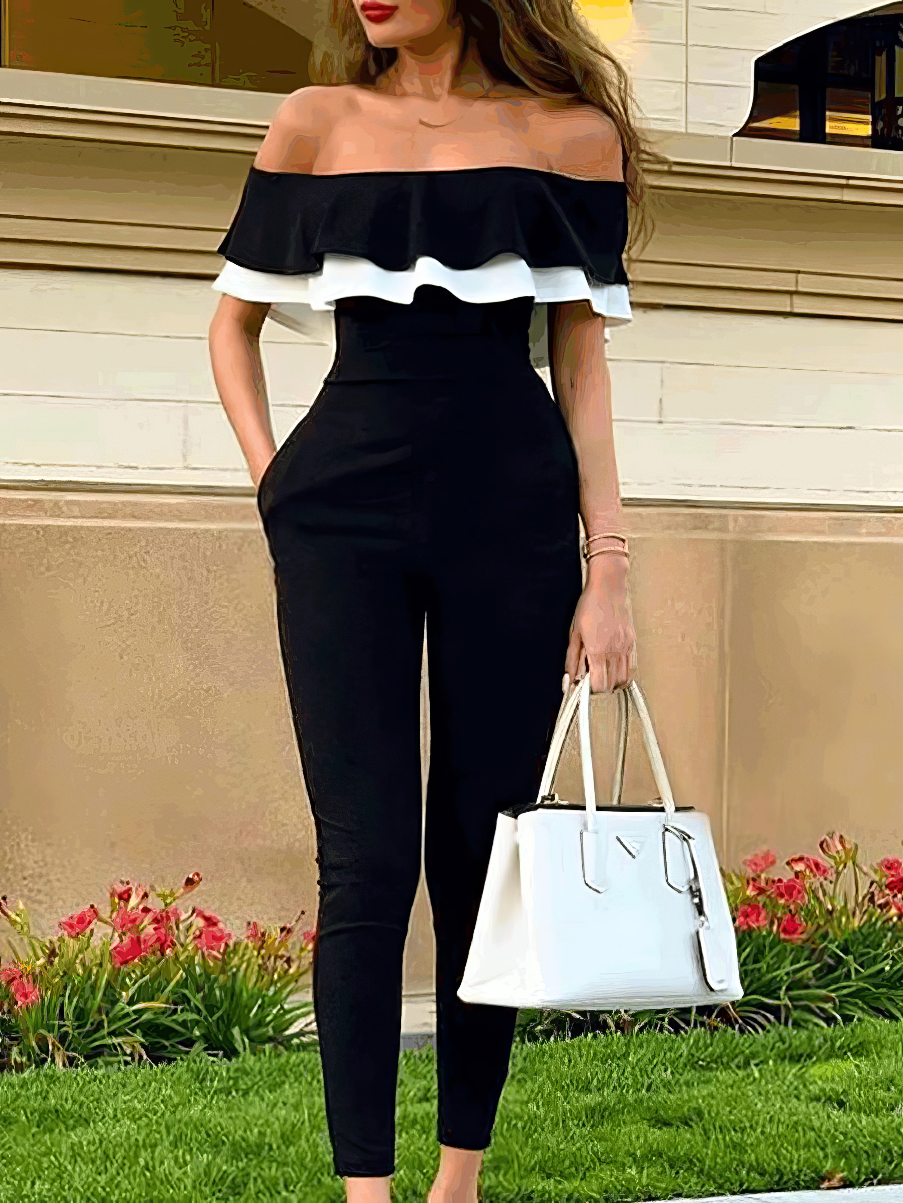 Women's Jumpsuits Off Shoulder Slim Fit Short Sleeve Ruffle Jumpsuit